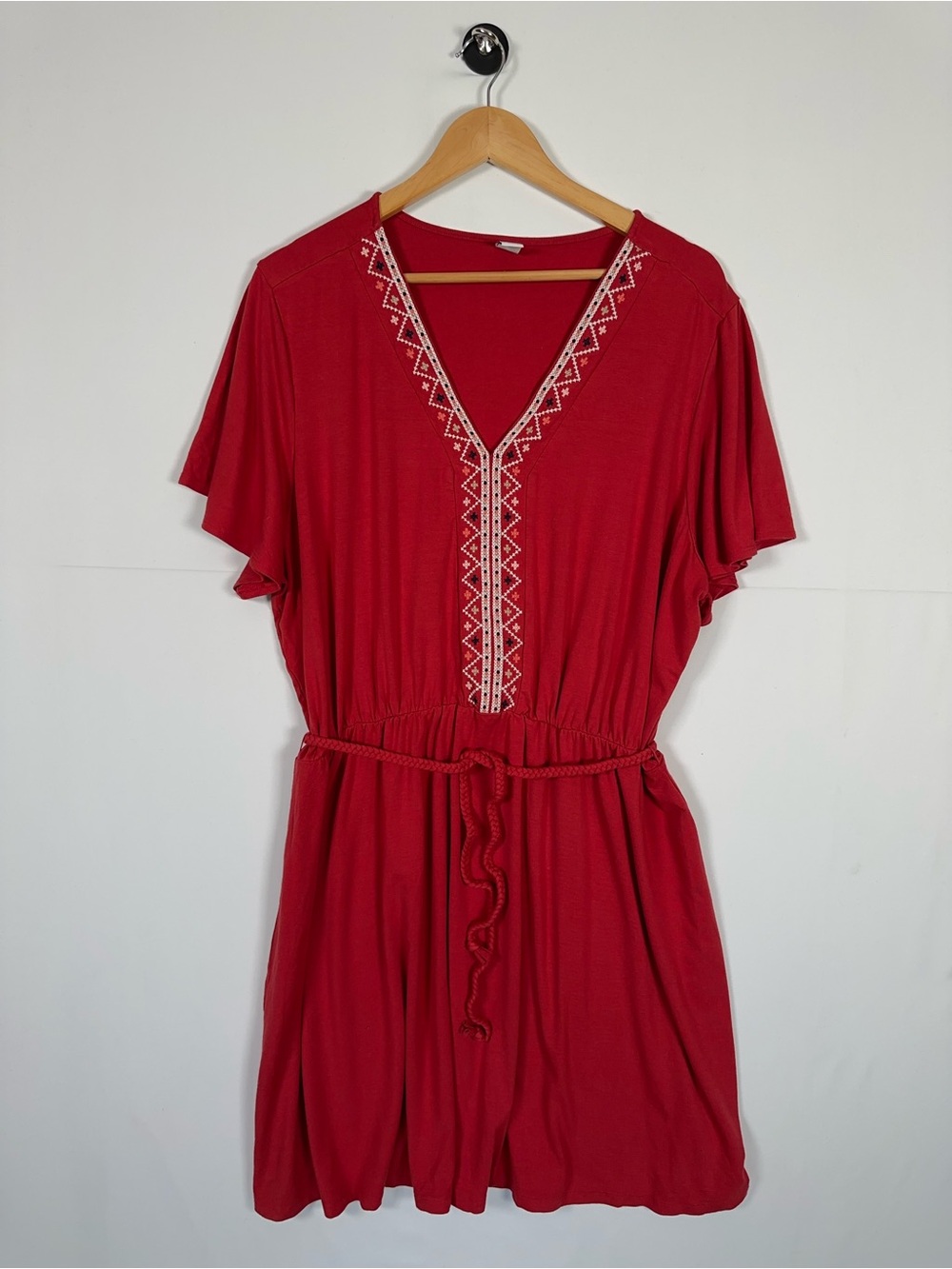 Old Navy Embroidered Kaftan Dress Red Elastic Waist XXL Boho Chic Peasant Style